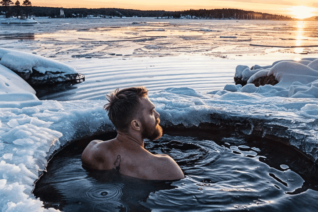 Bain froid en nature dans un environnement nordique au coucher du soleil