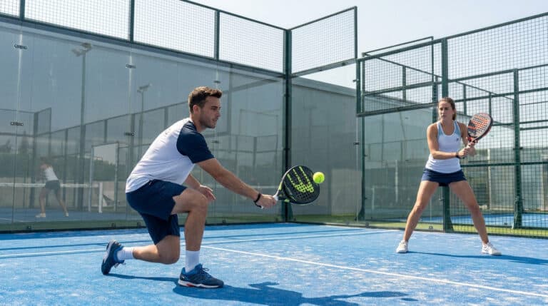 Deux joueurs de padel échangeant une balle sur un terrain