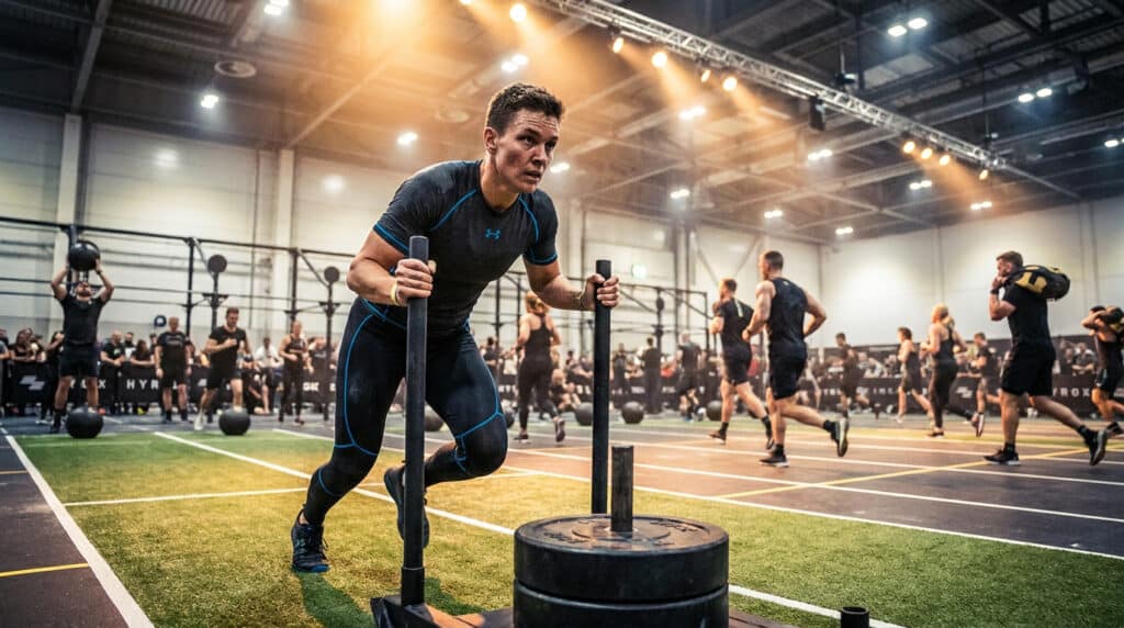 Athlète poussant un traîneau de musculation pendant une compétition de fitness