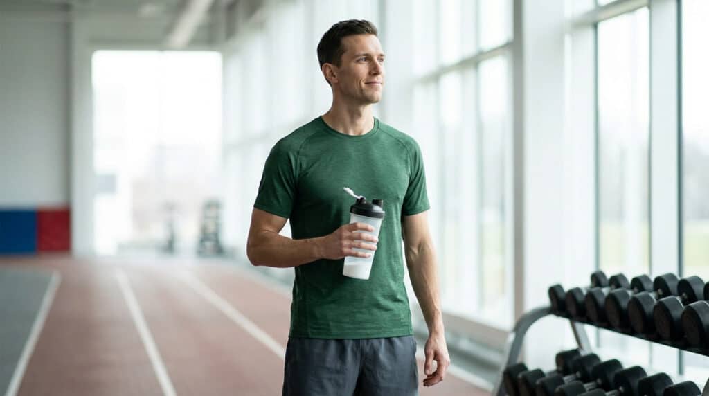 Homme sportif tenant un shaker dans une salle de sport lumineuse moderne
