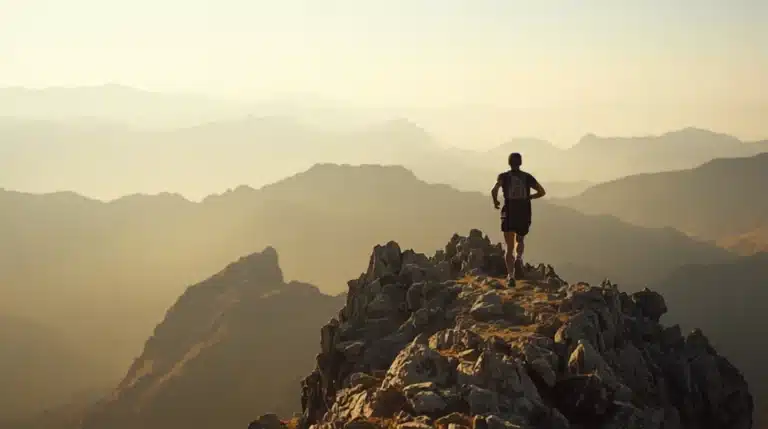 Traileur seul sur une crête rocheuse en montagne, illustration de l'assurance sportive individuelle