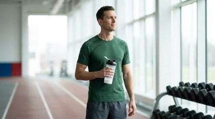 Homme sportif tenant un shaker dans une salle de sport lumineuse moderne