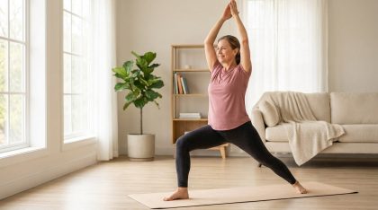 Femme pratiquant le yoga dans un salon lumineux