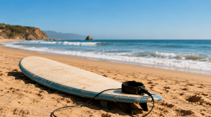 Planche de surf pour débutant posée sur une plage face à de petites vagues