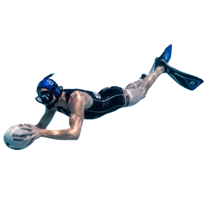 underwater rugby players fighting for the ball near the basket