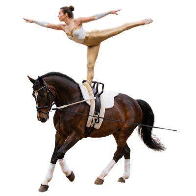 vaulter performing a figure on a cantering horse