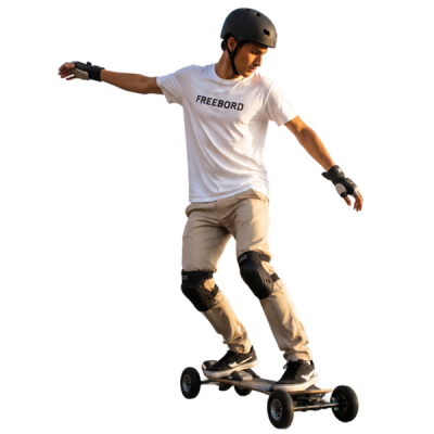 Freebord rider descending a steep urban hill