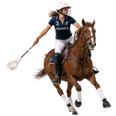 jugador de polocrosse al galope con mallete en mano