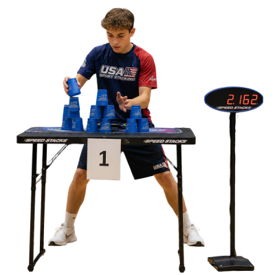 sport stacking athlete stacking cups against the clock
