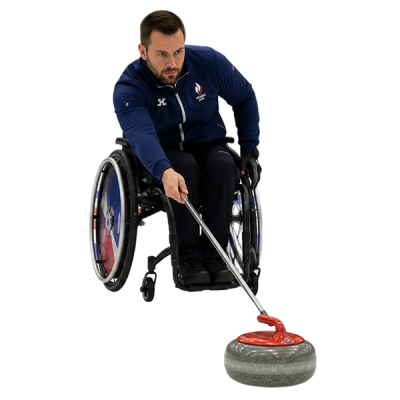 wheelchair curling player delivering a stone