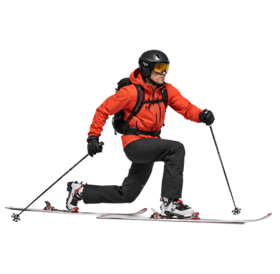 sciatore di telemark in affondo in una curva